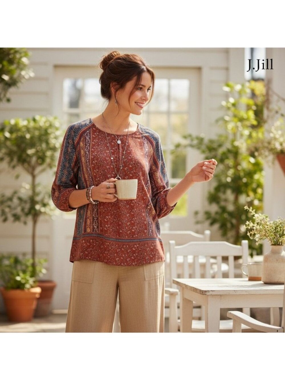 J. Jill Boho Floral Print Tunic Top Rust Red & Blue Cottagecore, Y2K, Peasant